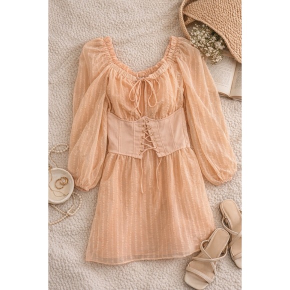 Guess Dresses & Skirts - GUESS Coral Peach Corset Mini Dress XS Puff Sleeve Romantic Cottagecore